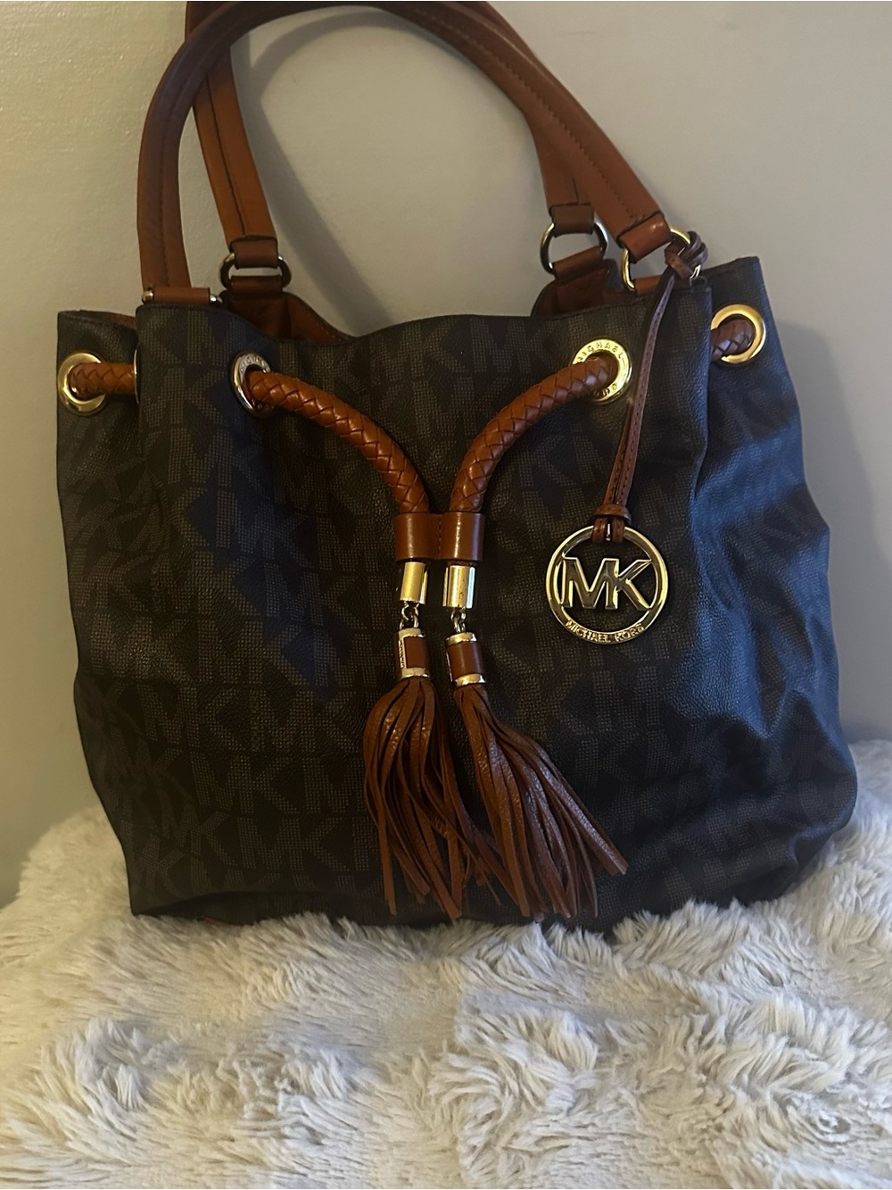 Michael Kors Dark Brown Monogram Shoulder Bag with Tan Tassels